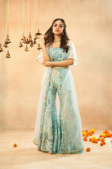 Ladies Light Cyan Crop Top With Viscose Muslin Digital Print Palazzo And Organza Shrug