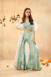 Ladies Light Cyan Crop Top With Viscose Muslin Digital Print Palazzo And Organza Shrug