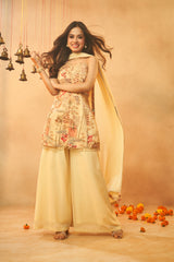 Ladies Light Yellow Festive Wear Kurta, Skirt & Dupatta Set
