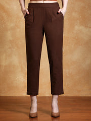 Brown Solid Cotton Slub Straight Pants