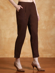 Brown Solid Cotton Slub Straight Pants