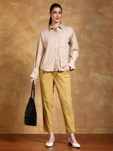 Cream Solid Cotton Slub Straight Pants