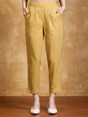 Cream Solid Cotton Slub Straight Pants