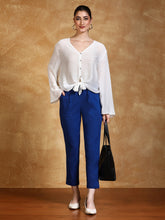 Blue Solid Cotton Slub Straight Pants