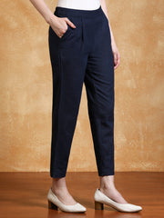 Royal Blue Solid Cotton Slub Straight Pants