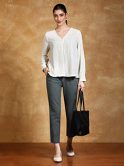 Grey Solid Cotton Slub Straight Pants