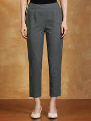 Grey Solid Cotton Slub Straight Pants