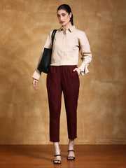 Burgundy Solid Cotton Slub Straight Pants