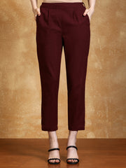 Burgundy Solid Cotton Slub Straight Pants