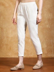Off White Cotton Slub Bottom-Fold Straight Pants
