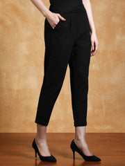 Black Cotton Slub Bottom-Fold Straight Pants
