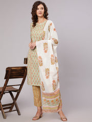 A Green Straight Ethnic Printed Gota Embellished Kurta With Printed Pants And Dupatta