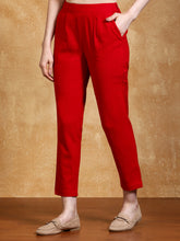 Red Solid Cotton Slub Straight Pants