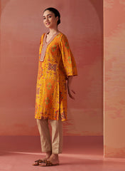 Abeera Mustard Printed Chanderi Straight Mirror Work Kurta