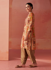 Abeera Beige Printed Chanderi Straight Mirror Work Kurta