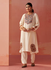 Zelena Cream Embroidered Khadi Cotton Co-Ord Set For Women