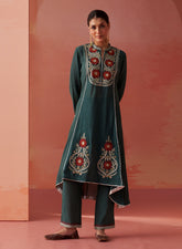 Karima Green Embroidered Viscose Kurta Set For Women