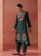 Karima Green Embroidered Viscose Kurta Set For Women