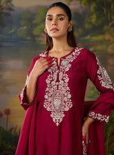 Husna Silk Embroidered Ladies Straight Suit Set With Dupatta