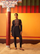 Navy Blue Embroidered Woollen Kurti For Women With Mirror Work