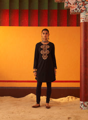 Navy Blue Pink Thread Work Woollen Kurti For Women With Brooch