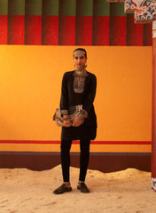 Black Woollen Kurta For Women With Leather Collar And Sequin Work