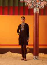 Purple Woollen Kurta For Women With Leather Collar And Sequin Work