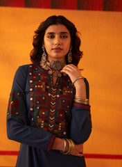 Navy Blue Woollen Kurti For Women With Thread Work And Sequins