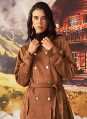 Bella Tan Monochrome Suede Long Coat For Women