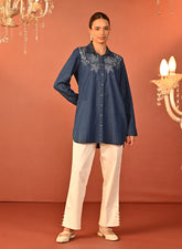 Raima Denim Blue Embroidered Denim Shirt For Women