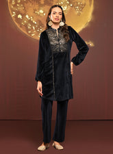 Azra Navy Blue Embroidered Velvet Kurti For Women