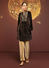 Azra Coffee Brown Embroidered Velvet Kurti For Women