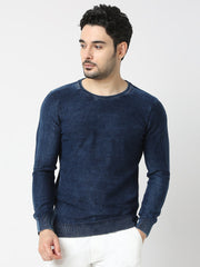 Men Indigo Blue Round Neck Long Sleeves Sweater