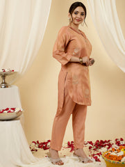 Peach Pure Jacquard Silk Beadwork Kurta With Pants Co-Ord Set