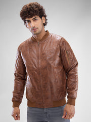 Men Bison Brown Polyester Full Sleeve Jacket