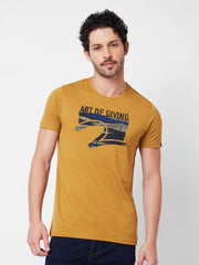 Men Round Neck Half Sleeves Khaki T-Shirt