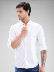 Men White Cotton Full Sleeve Raised Collar Shirt