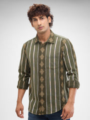 Men Military Green Cotton Full Sleeve Raised Collar Shirt