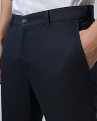 Navy solid khaki casual trousers for men by Blackberry, Hemlock style, featuring a relaxed fit and classic design.