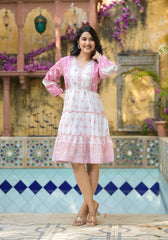 Onion Pink Ethnic Motif Printed Cotton Short Dress With Mirror Work & Lace