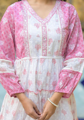 Onion Pink Ethnic Motif Printed Cotton Short Dress With Mirror Work & Lace