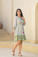 Mint Green Ethnic Motif Printed Short Dress With Dori
