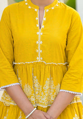 Mustard Ethnic Motif Printed Cotton Tunic With Thread Work & Sequins