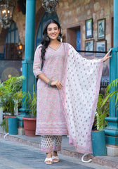 Pink Floral Printed Cotton Kurta Pant And Dupatta Set With Lace