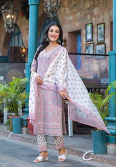 Pink Floral Printed Cotton Kurta Pant And Dupatta Set With Lace