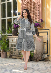 Black Geometric Printed Cotton Short Dress With Buttons