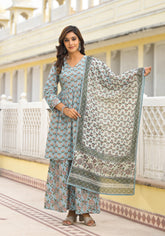 Grey Floral Printed Cotton Kurta Sharara And Dupatta Set With Sequins
