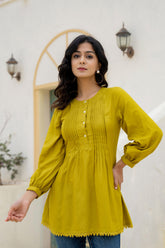 Lime Solid Viscose Tunic With Buttons & Lace