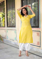 Yellow Embroidered Viscose Kurta With Printed Cotton Pant