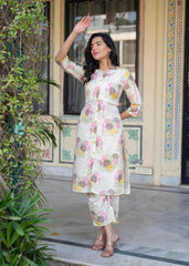 Ivory Floral Viscose Kurta With Printed Cotton Pant & Button Details